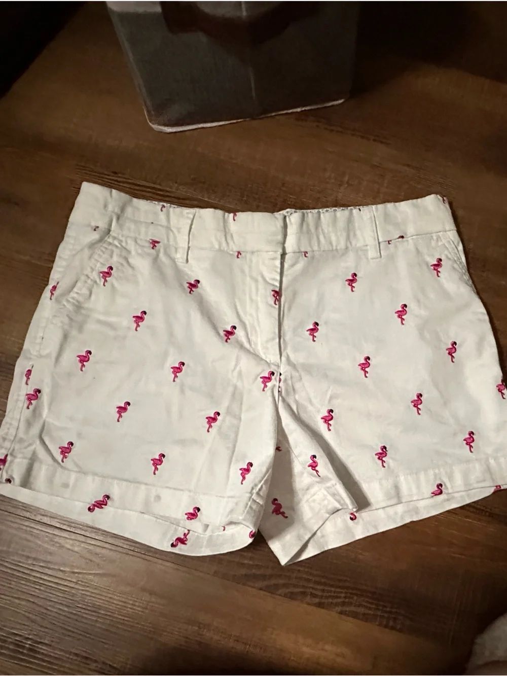 British Khaki White Shorts with Pink Flamingo Motif